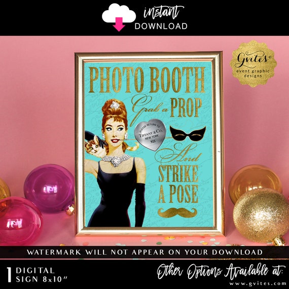 Printable Audrey Hepburn Photo Booth Sign | Blue & Gold Instant Download | Breakfast Blue Party Theme | JPG 300 DPI 8x10"