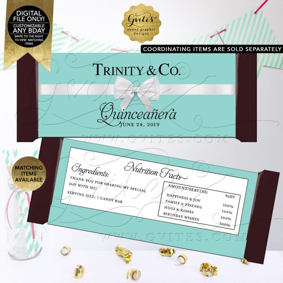 Quinceañera Candy Bar Wrappers | Personalized Party Favors Thank You| Printable Digital PDF + JPG | 5.25x5.75"/ 2 Per Sheet {Satin Ribbon}