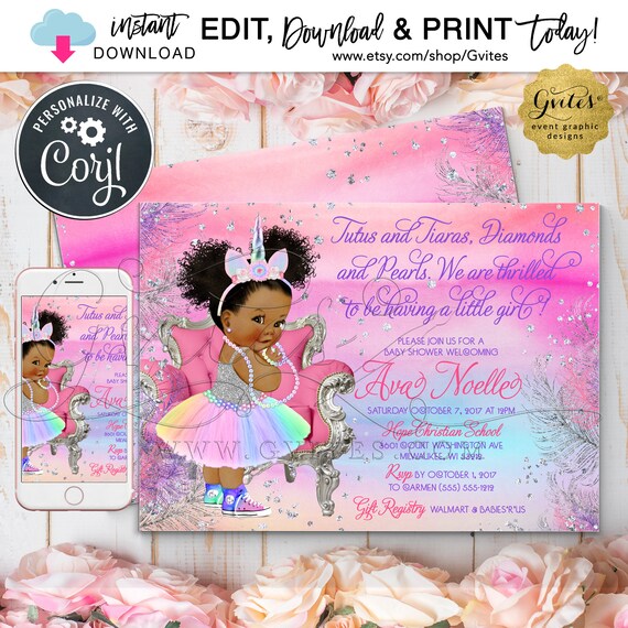 Unicorn Silver Baby Shower Invitation | African American & Caucasian Baby Included | Rainbow Colors Afro Puffs Princess 7x5" Double Sided.