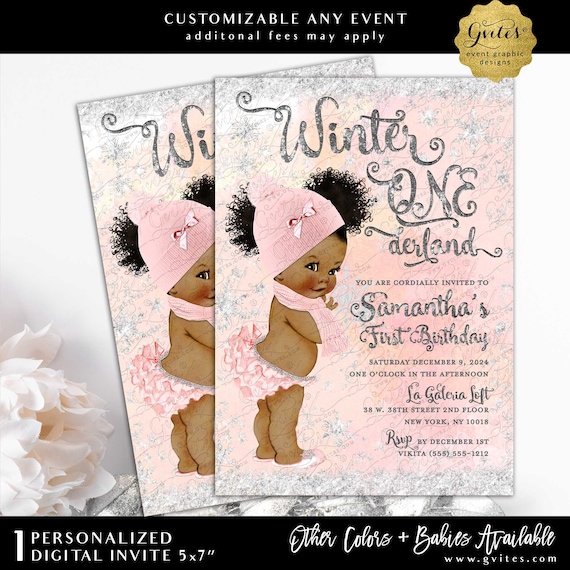 Winter ONEderland Theme 1st Birthday Printable Invitation Blush & Silver Watercolor