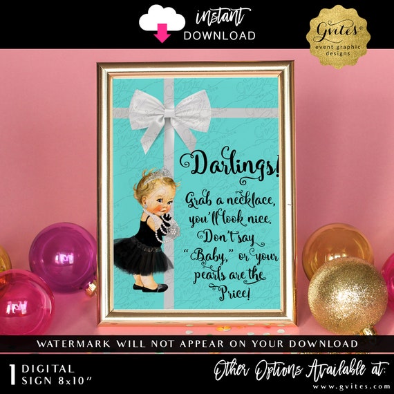 Breakfast at Grab a necklace sign Baby Shower Princess Theme | Instant Download | Light Blonde Girl | 8x10"