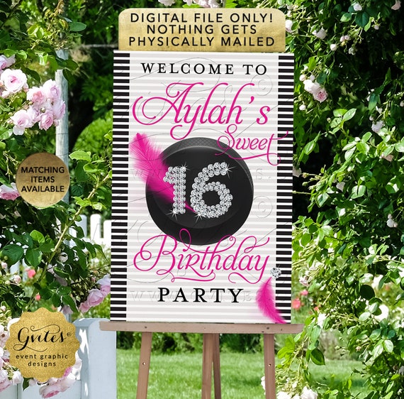 Sport's Theme Sweet 16 Welcome Printable Sign Pink Black Pink | Hockey Puck Theme | Teen Birthday Girl Party Printable