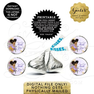 Kiss Stickers Etiketten voor feestbedankjes | Vintage afro soezen babyshower meisje | Paars goud zilver. DIRECT DOWNLOADEN 0,75 x 0,75"/ 48 per vel.
