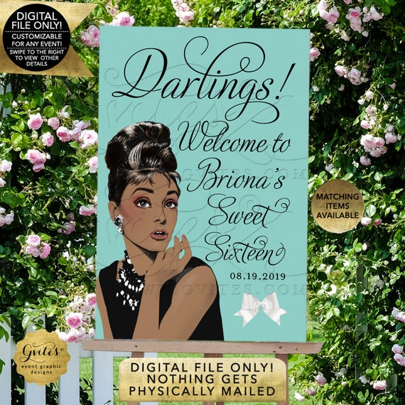 Printable Sweet 16 Welcome Sign | Blue/ Teal/ Turquoise African American Audrey Hepburn