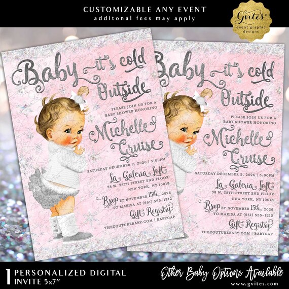 Pink & Silver Baby it's Cold Outside Invitations, Winter Wonderland 5x7 Digital Download