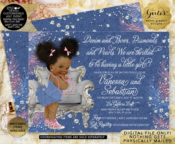Denim and Bows Diamonds and Pearls Invitation/ Afro Puffs Baby Girl/ Printable Invites 7x5 Double Sided.