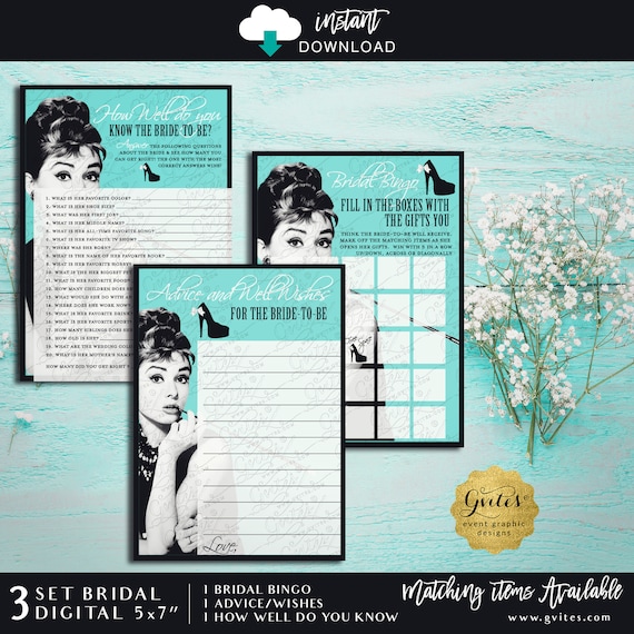Breakfast Bridal Shower Set of 3 Printable Instant Download 5x7" Audrey Hepburn Theme | Advice Well Wishes | Bingo | How Well Do You Know