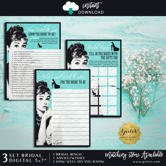 Breakfast Bridal Shower Set of 3 Printable Instant Download 5x7" Audrey Hepburn Theme | Advice Well Wishes | Bingo | How Well Do You Know