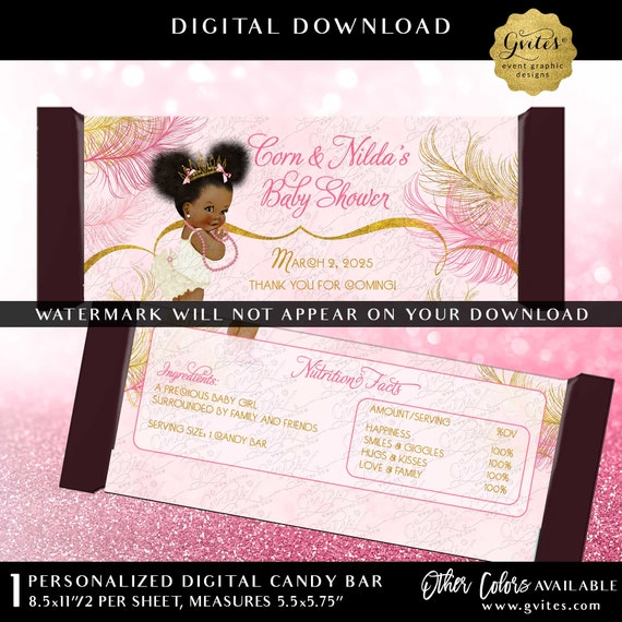 Candy Bar Wrapper | Sparkly Feathers Pink & Gold Watercolor Afro Puffs Princess Baby Shower