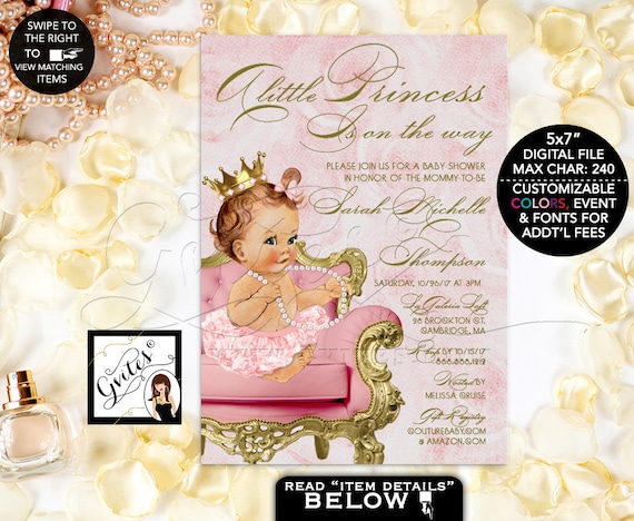 Pink & Gold Vintage Baby Shower Princess Invitation/ Blush Pink Printable Cards Customizable Text. JPG + PDF 5x7" Il_570xn