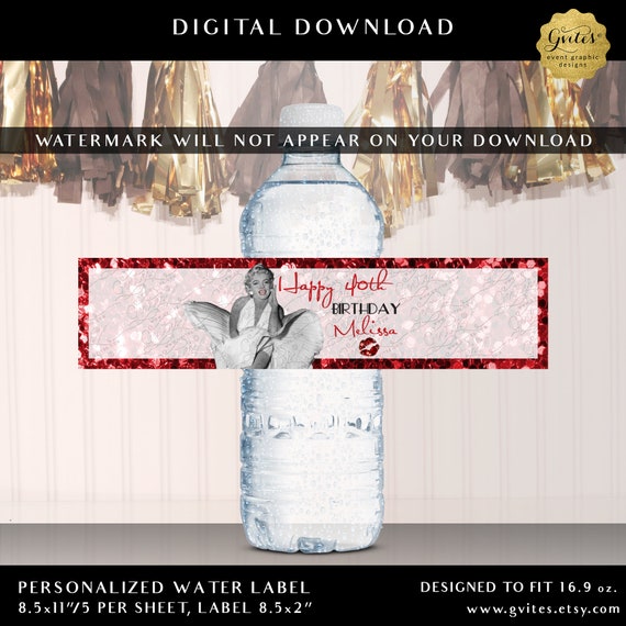 Personalized Marilyn Monroe Party Water Bottle Labels | Digital File JPG + PDF 8.5x2"/5 Per Sheet.
