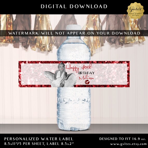 Happy 40th Birthday Personalized Marilyn Monroe Party Water Bottle Labels | Red Glitter Digital File JPG + PDF 8.5x2"/5 Per Sheet.