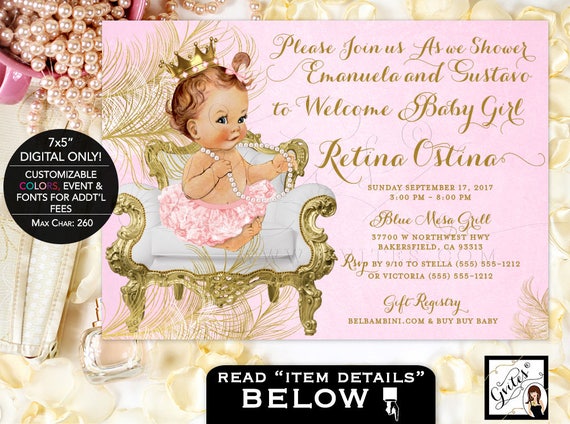 Pink Gold Baby shower invitations/ Vintage Princess Baby Pink Tutu Gold Crown Pearl Necklace