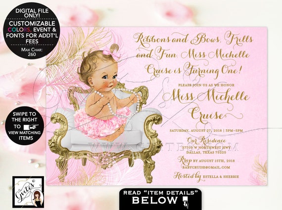 Vintage First Birthday Invitation Printable Blush Pink and Gold Ivory White Glitter 7x5"