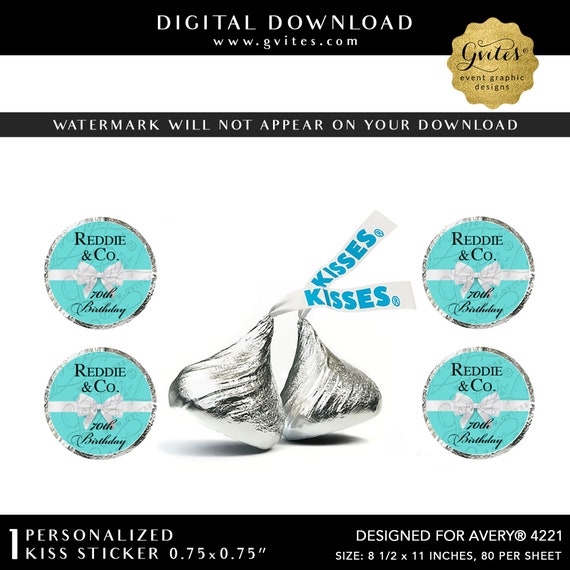 70th Birthday Favors | Breakfast at Hershey Kiss Stickers Personalized 0.75x0.75 Avery Labels