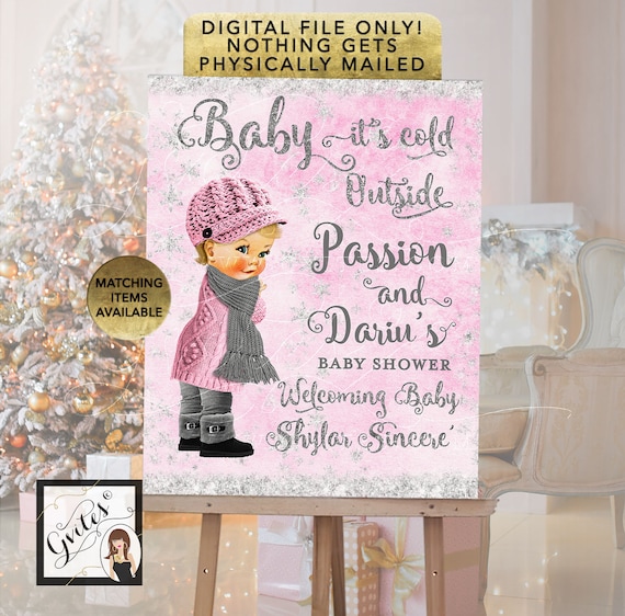 Winter Wonderland Welcome Sign Pink & Silver Winter Theme | Baby it's Cold Outside Poster Board Custom Text | 8x10" and 16x20" Digital Files
