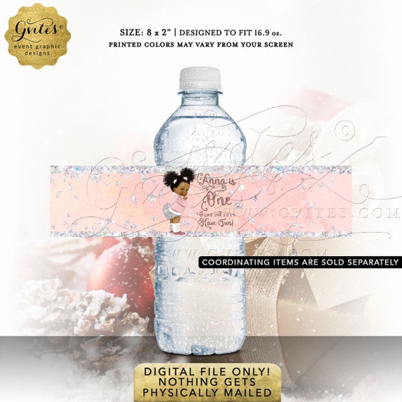 First Birthday Water Labels Winter Wonderland Pink Silver Baby it's Cold Outside African American. 8x2" 5 Per/Sheet
