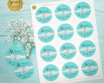 Breakfast Blue  White Bow Theme Shower Printable Labels Stickers | Designed For Avery® 22807, 22817 & 22877 JPG + PDF 2x2"/ 12 Per Sheet