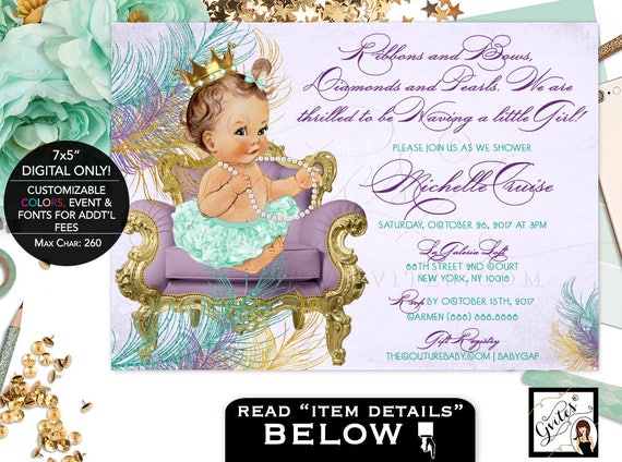 Vintage Baby shower invitation purple mint green gold/ ribbons and bows/ diamonds and pearls/ lavender teal gold girl invites 7x5 Gvites