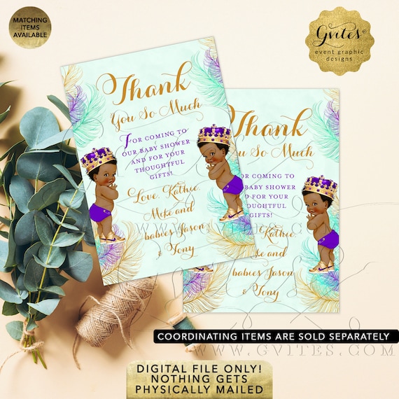 Thank You Card From Twins Baby Boy Shower African American Little Prince | Royal Purple Eggplant Mint Green Gold. A1 3.5x5"