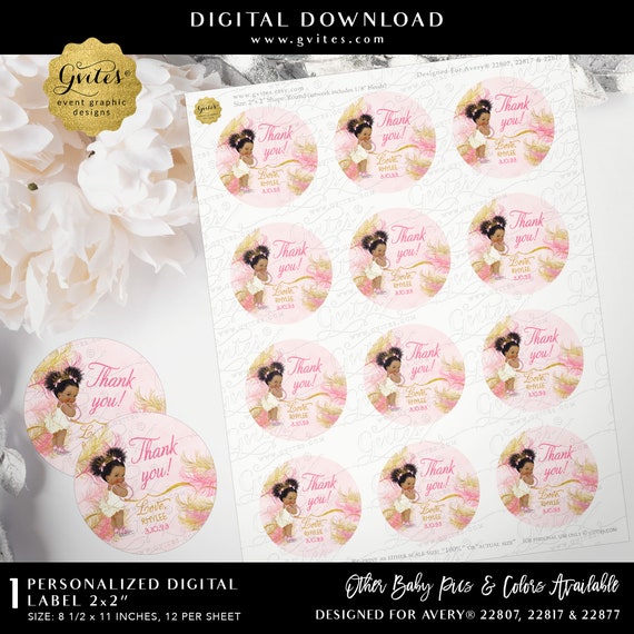 Thank you 2x2” Round Label Sparkly Feathers Pink Gold Watercolor Afro Puffs Princess Baby Shower Designed for Avery® 22807, 22817 & 22877