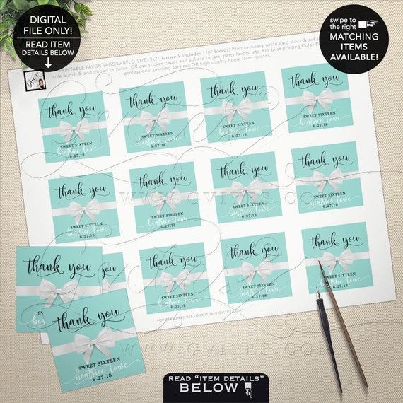Thank You Tags Breakfast at Printable Birthday Party Favors / Printable Labels Audrey Hepburn Party / Vintage Blue & White Signs Invitations