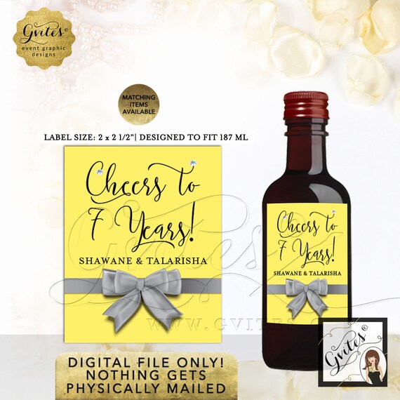 Mini Wine Bottle Labels Anniversary Party Favors Yellow Silver | Printable Digital PDF + JPG Format