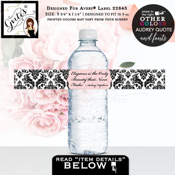 Water Bottle Labels in blush pink and black damask |  Audrey Hepburn gifts and favors | 9.75x1.25"/5 Per Sheet {Designed For Avery® 22845}