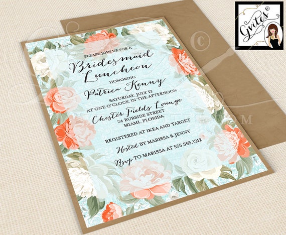 Peony Bridal Shower Invitation / Peach Pink White Peonies Bridal Luncheon / Vintage Shabby Chic Rustic Floral Invites / printable Il_570xn