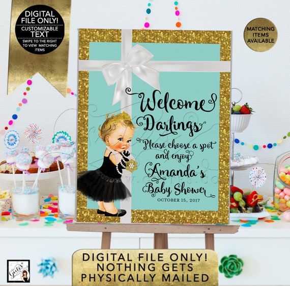 Welcome Sign Poster Baby Shower Printable Blue and Gold. Breakfast at Audrey Hepburn Vintage Black Tutu Diamonds Pearls