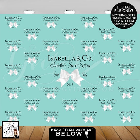 Sweet 16 Step and Repeat Backdrops/ breakfast at bridal shower/ turquoise blue white bow/ birthday and co backdrops/ Size: 10ft x 8ft Il_570xn