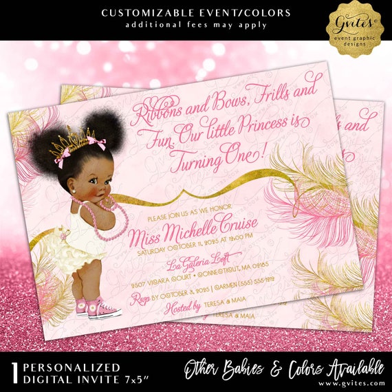 First Birthday Party | Sparkly Feathers Pink & Gold Watercolor Afro Puffs Princess