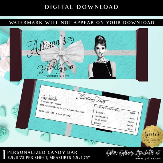 Bridal Shower Candy Bar Wrappers Hershey Chocolate | Audrey Hepburn Breakfast Blue Theme | Digital Download | 2 Per Sheet 5.25 x 5.75"