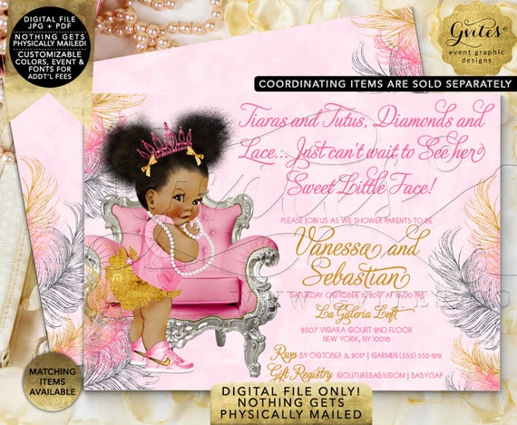 Pink Gold & Silver baby shower invitation/ Tiaras tutus diamonds pearls invites/ Afro Puffs 7x5 Double Sided. {Pink/ Silver/ Gold Feathers}