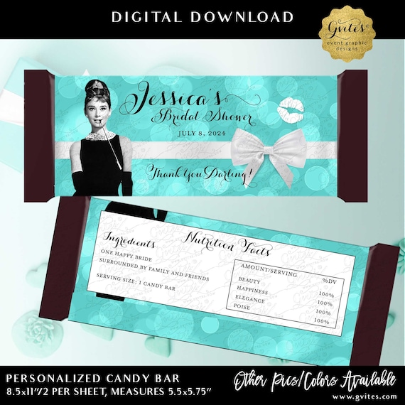 Candy Bar Wrapper bridal shower wrappers/ Hershey chocolate. Audrey Hepburn Customizable PRINTABLE {2 Per/ Sheet 5.25 x 5.75"}