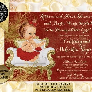 Red and Gold Baby shower invitations African American ribbons bows diamonds pearls/ vintage girl tutu invite digital. 7x5 Gold Feathers image 4