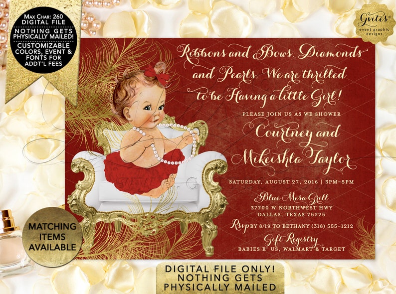 Red and Gold Baby shower invitations African American ribbons bows diamonds pearls/ vintage girl tutu invite digital. 7x5 Gold Feathers image 4