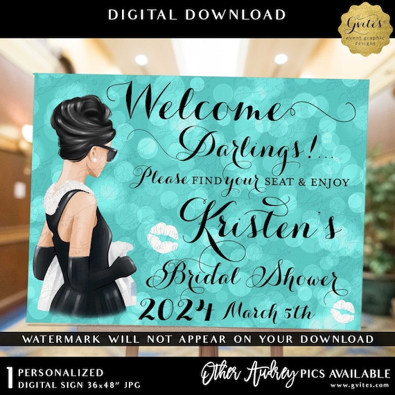 Bridal Shower Sign Welcome Darlings Audrey Hepburn Breakfast at Theme Party Decor 36x48" JPG
