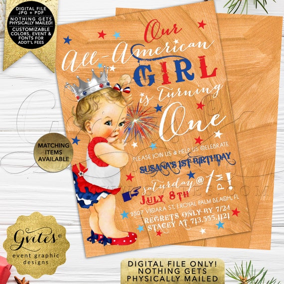 4th of July Girl Baby Birthday Invitation | PRINTABLE Birthday Cards | Princess Baby Shower | Red White & Blue