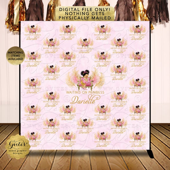 Step and Repeat Backdrop Sparkly Feathers Pink & Gold Afro Puffs Princess Baby Shower