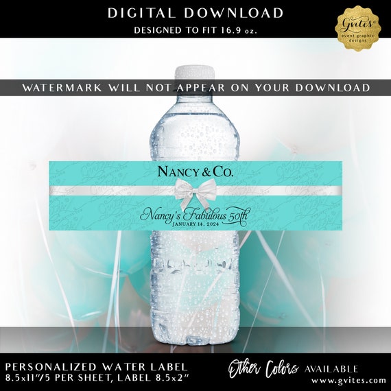 Printable Water Bottle Labels 50th Birthday Party Breakfast at Blue Theme. Digital Download JPG + PDF