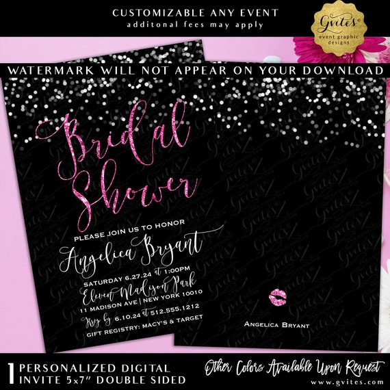 Glitz & Glam Pink and Black Bokeh Printable Bridal Shower Invitation 5x7" double sided.