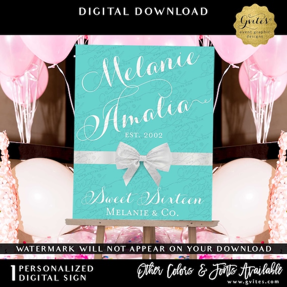 Custom Sweet 16 Welcome Sign Poster Board Printable File | Turquoise Blue White Bow | Digital Poster Printable