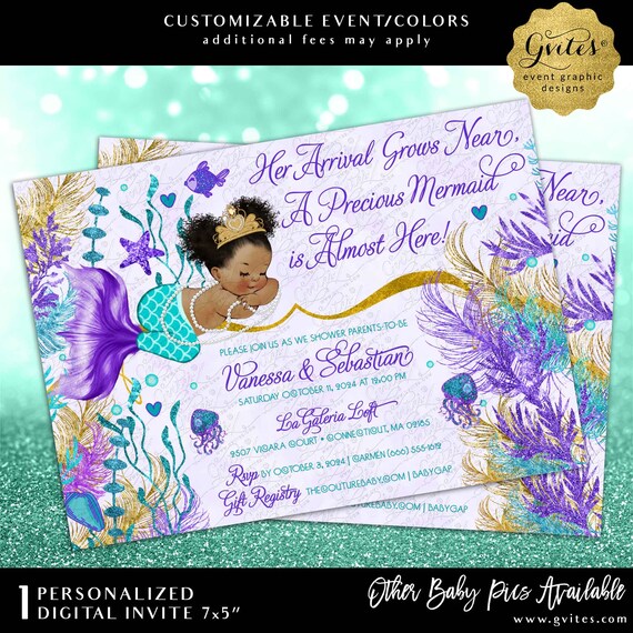 Afro Puffs Mermaid Baby Shower Invitations Gold Teal Violet Purple | JPG + PDF by Gvites