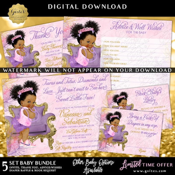 Baby Afro Princess Baby Shower Pink & Purple Feathers Printable Party Bundle Package Set of 5 **LIMITED OFFER