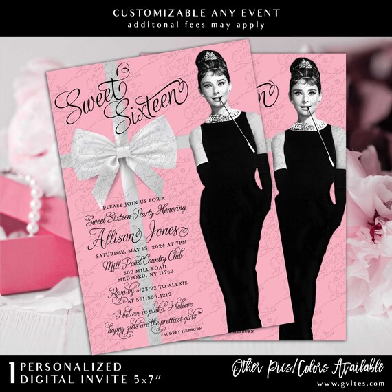 Lux Audrey Style Sweet 16 Printable Invitation 5x7" Digital Download