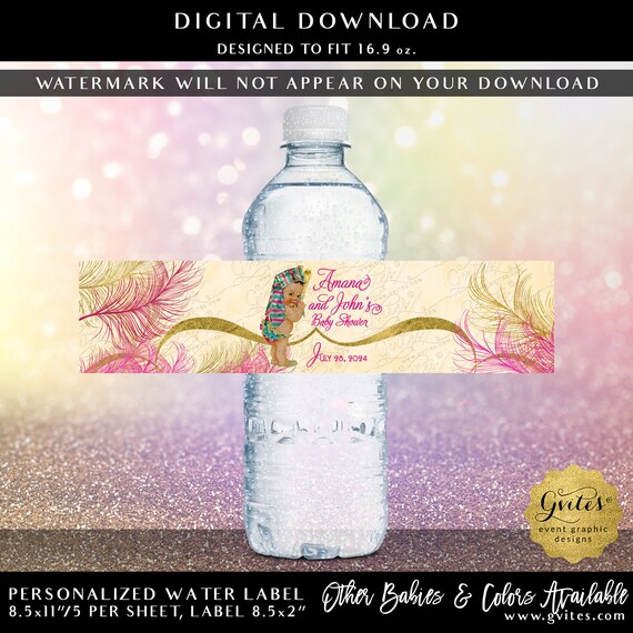 Egyptian Water Bottle Labels/ Baby Shower/ Pharaoh Princess Party/ Digital Pink Gold 8.5x2" 5 Per/ Sheet