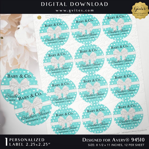 Baby and Co Shower Thank You Personalized | ROUND Labels for Party Favors Gifts  2.25x2.25" 12 Per Sheet | Designed for Avery Presta® 94510