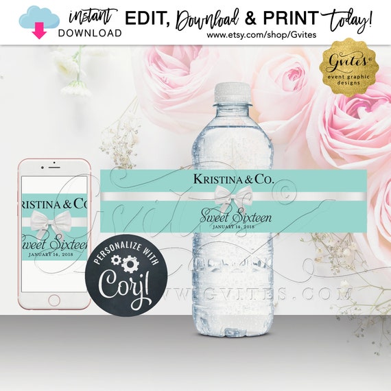Elegant Sweet 16 Water Bottle Labels For Party Favors/Gifts. Breakfast Party Decor Blue Theme. {Edit Yourself with Corjl and PRINT Today} Il_570xn