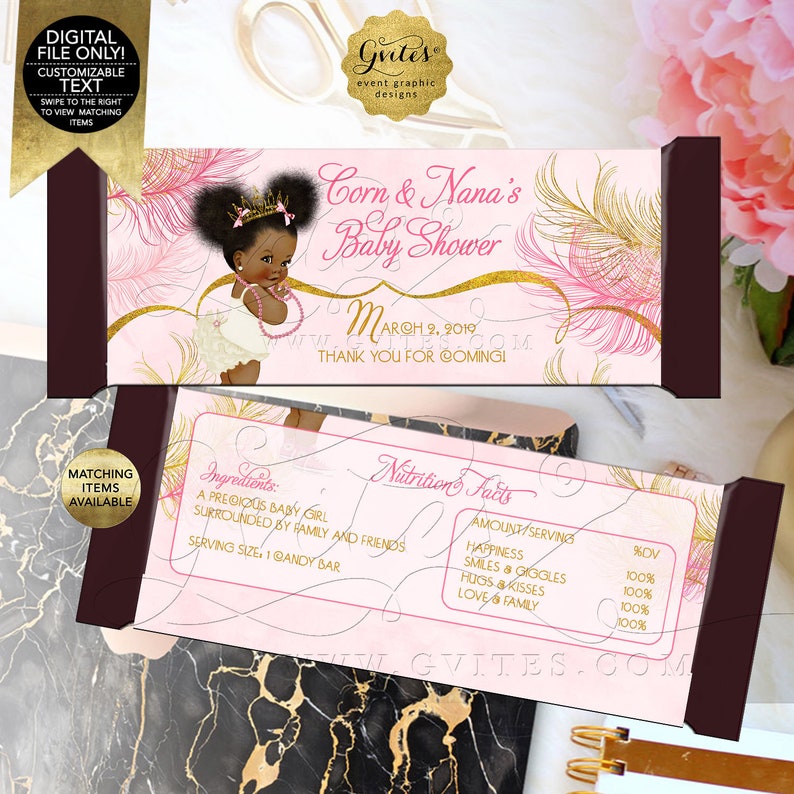 5.25 x 5.75 2 Per Sheet TIACE-104 Pink and Gold Candy Bar Wrappers Baby Shower African American Princess Gold Feathers Ivory Design